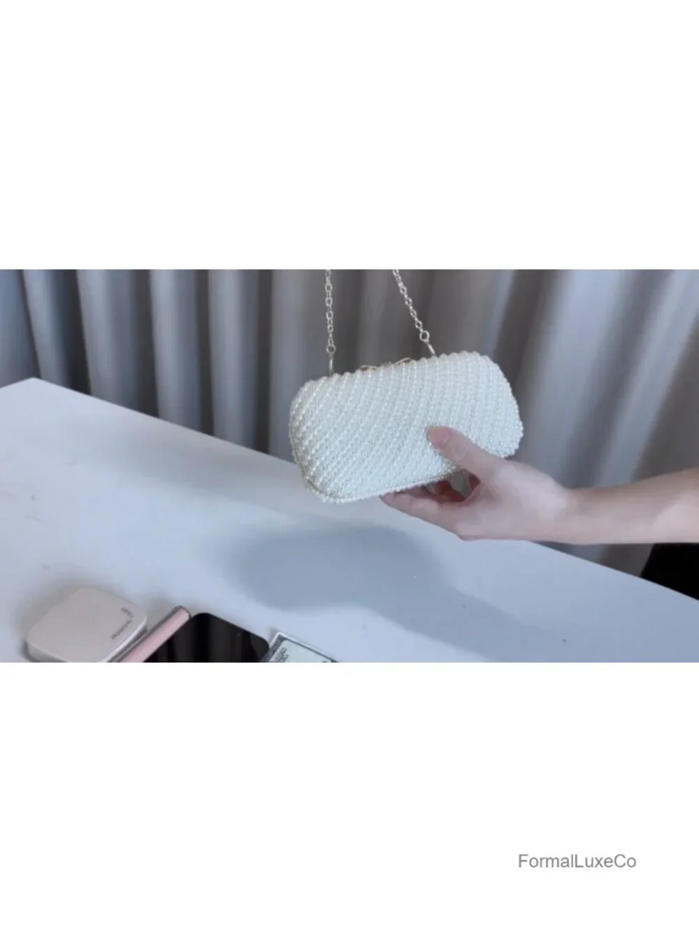 Women's Pearl Clutch Purse Evening Handbag Beaded Bag Wedding Party Chain